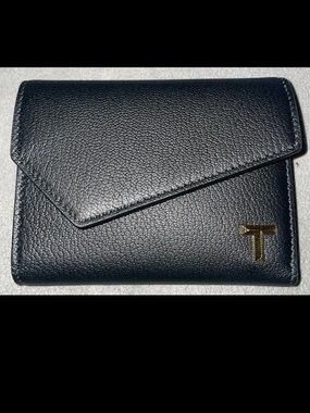 Tiffany & Co. Black Leather Wallet with Gold 'T' Accent and Blue Card